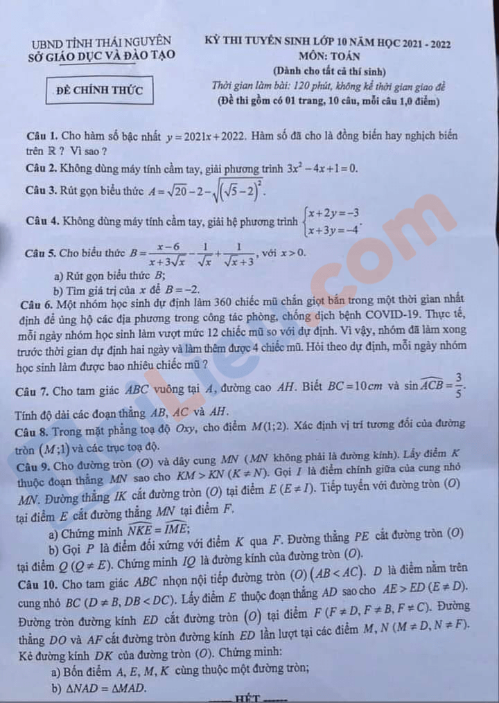 Đề thi tuyển sinh lớp 10 môn Toán 2021 Thái Nguyên (Đề chung)