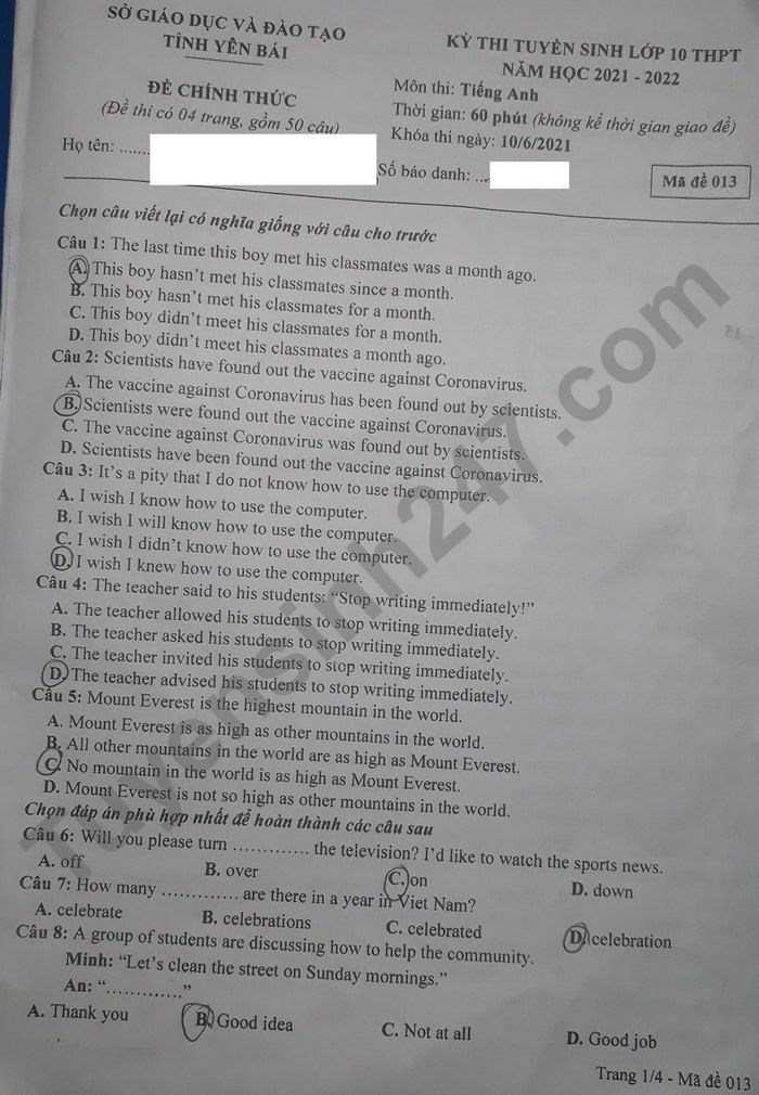 Đề thi vào lớp 10 môn anh tỉnh Yên Bái 2021 - Mã đề 013-1