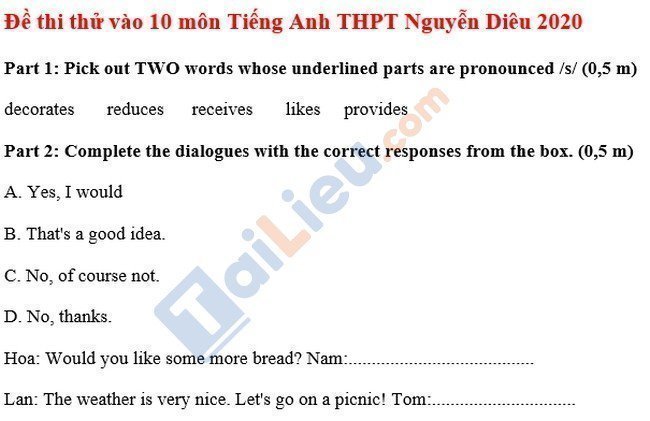 Đề thi thử vào 10 môn Anh THPT Nguyễn Diêu 2020-1