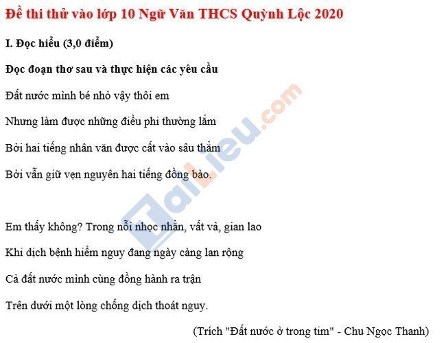 Đề thi thử vào lớp 10 môn Văn THCS Quỳnh Lộc 2020-1