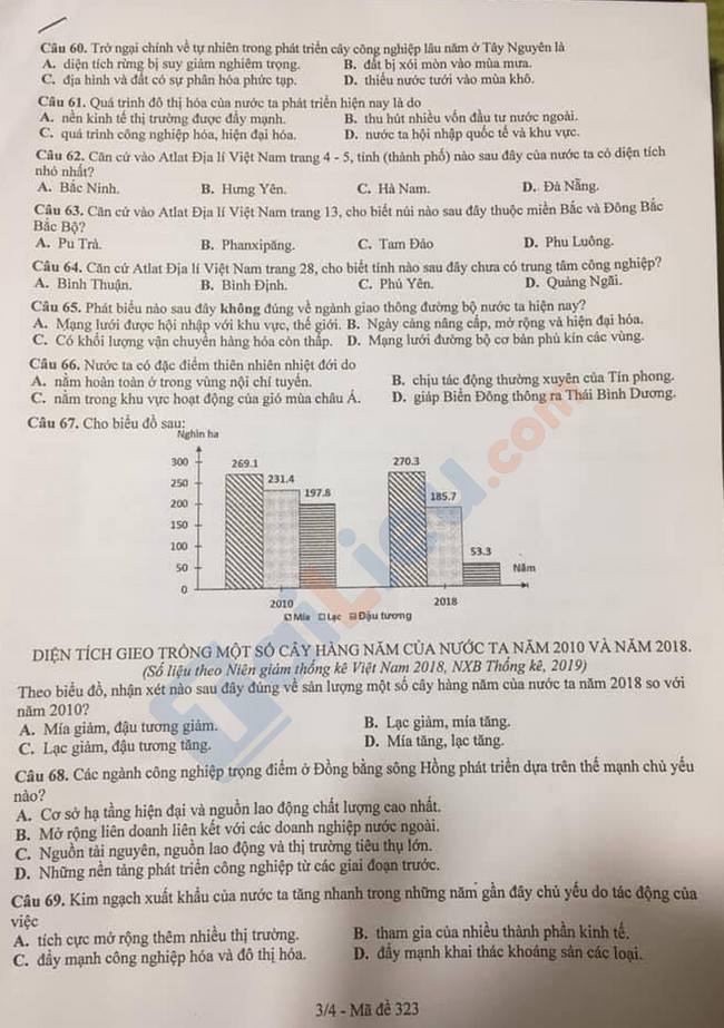 Đề thi thử THPTQG môn Địa năm 2021 tỉnh Lào Cai mã đề 323-3