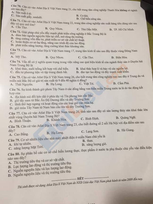 Đề thi thử THPTQG môn Địa năm 2021 tỉnh Lào Cai mã đề 323-4