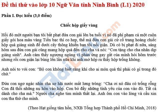 Đề thi thử vào lớp 10 môn Văn tỉnh Ninh Bình lần 1 2020-1