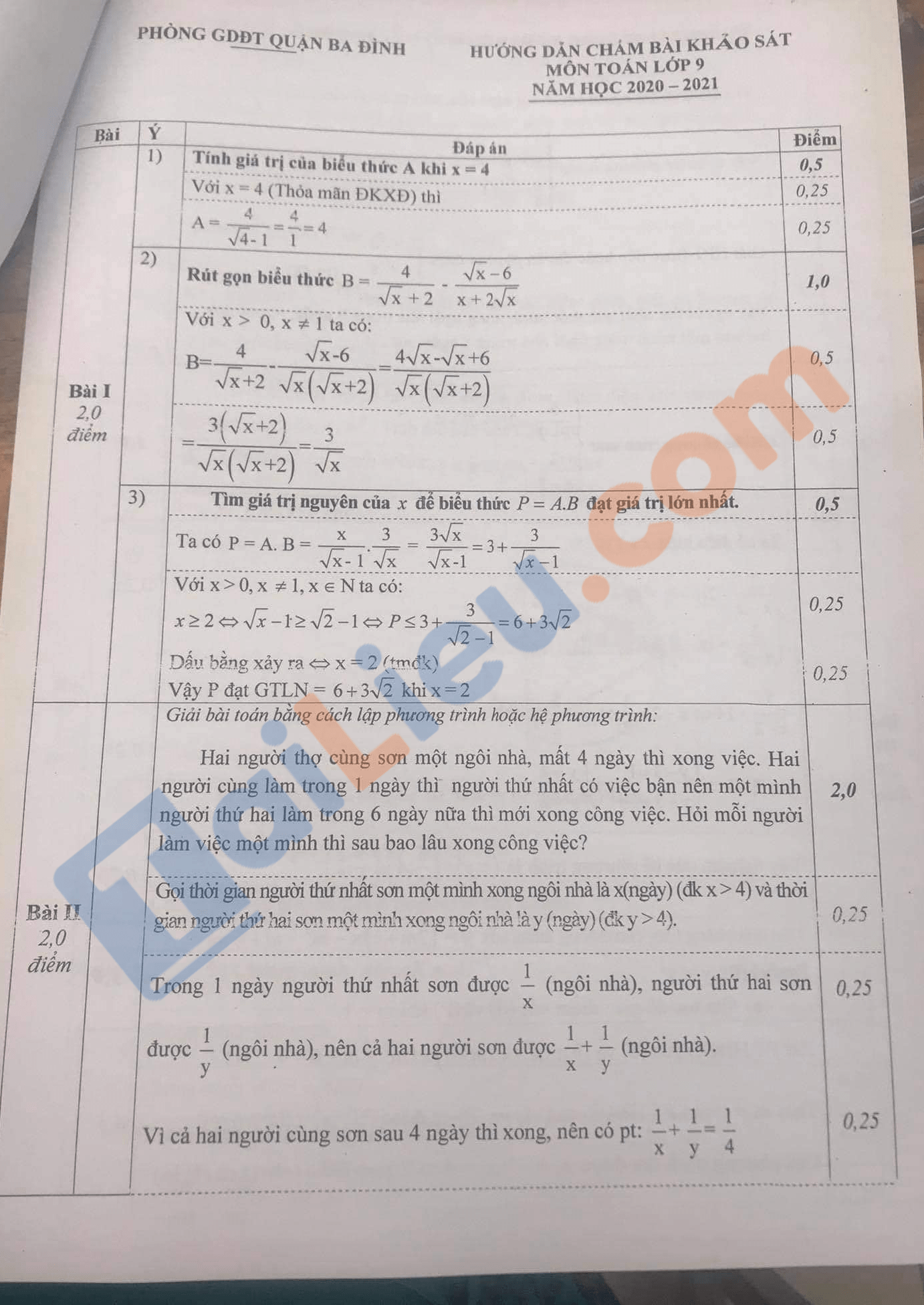 Đáp án Đề thi khảo sát lớp 9 môn Toán 2021 Phòng GD Ba Đình - HN