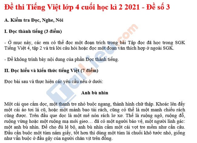 Đề thi giữa kì 2 lớp 4 Tiếng Việt năm 2021 - Đề số 3-1