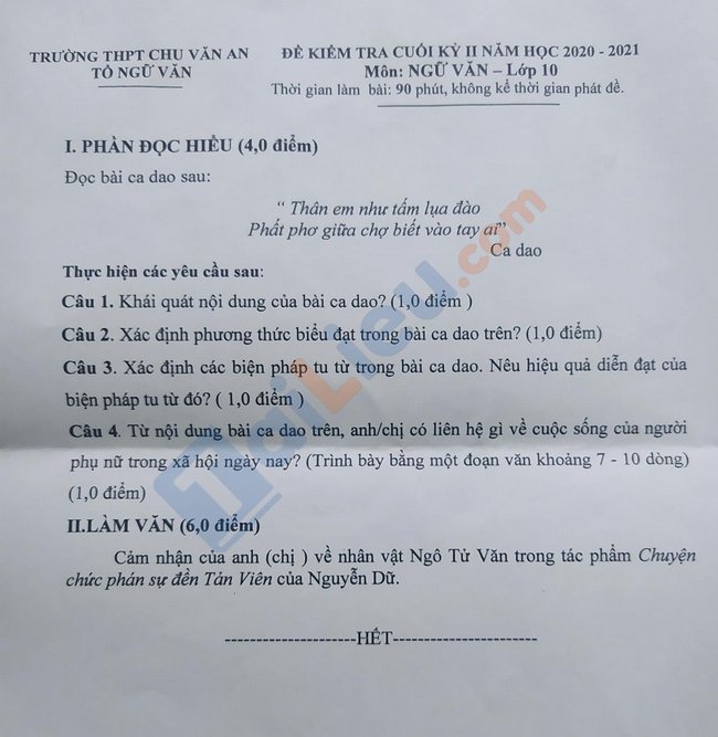 Đề thi HK 2 môn văn lớp 10 trường THPT Chu Văn An 2021