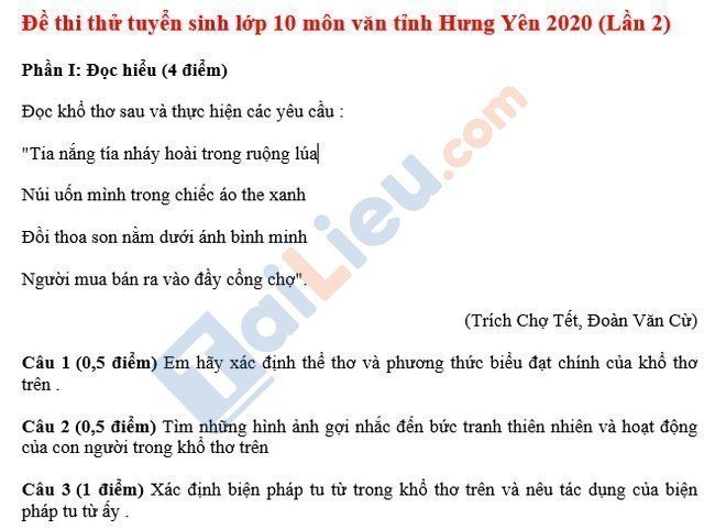 Đề thi thử vào lớp 10 môn Văn tỉnh Hưng Yên lần 2 2020-1