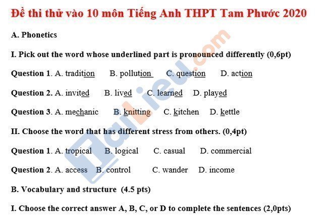 Đề thi thử vào lớp 10 môn Anh trường THPT Tam Phước 2020-1