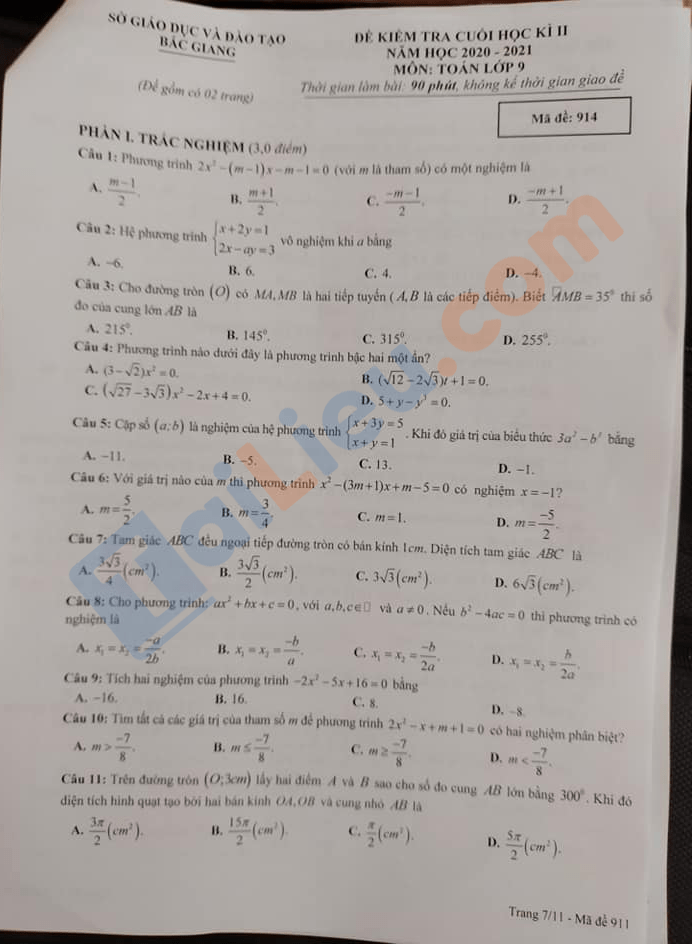 Bộ đề thi học kì 2 lớp 9 môn Toán 2021 (Có đáp án) Sở GD&ĐT Bắc Giang - Mã đề 914