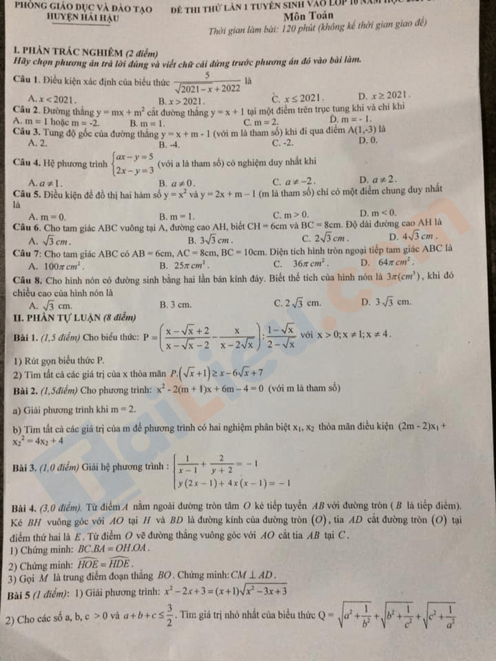 Đề thi thử vào 10 môn Toán 2021 Phòng GD Hải Hậu - Nam Định
