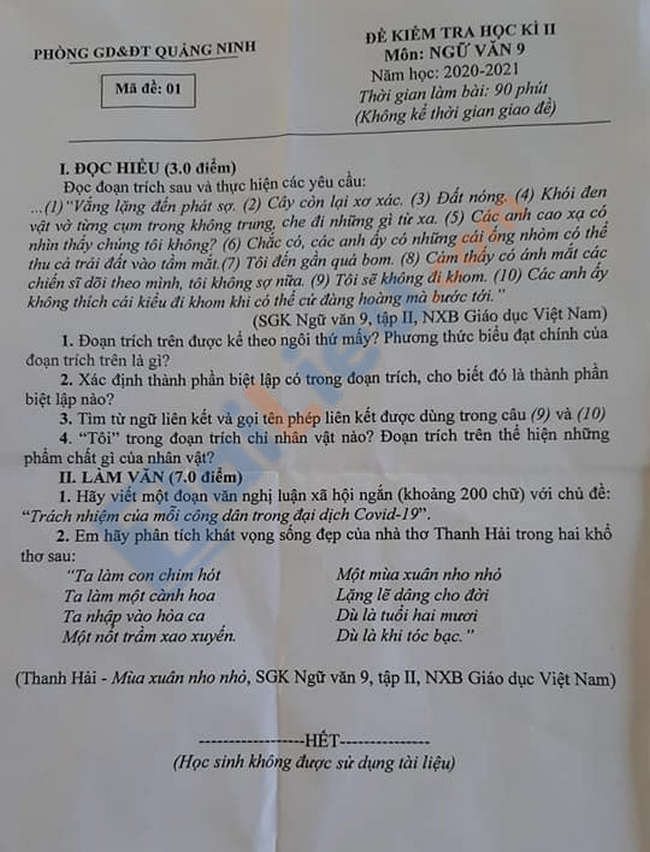 Đề thi HK 2 môn văn lớp 9 tỉnh Quảng Ninh mã đề 01 2021