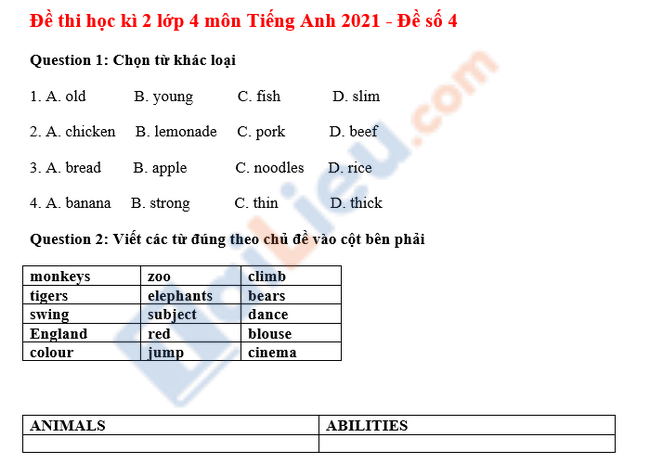 Đề thi HK 2 môn Anh lớp 4 năm 2021 - Đề số 4-1