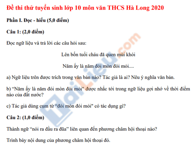 Đề thi thử vào 10 môn văn trường THCS Hà Long 2020-1