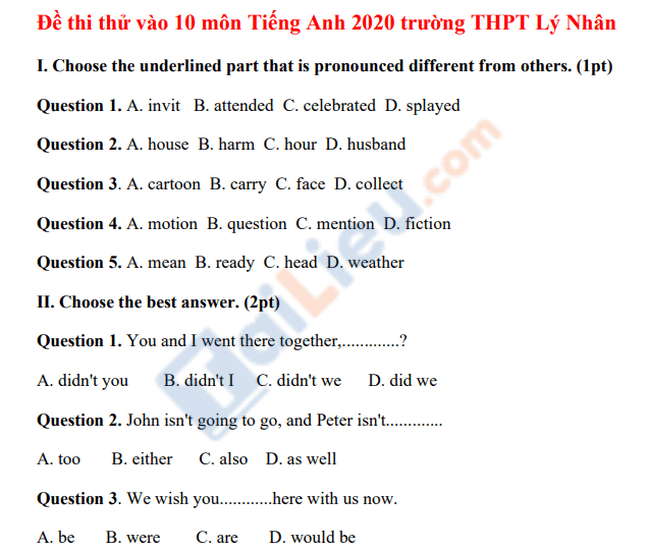 Đề thi thử vào lớp 10 môn anh trường THPT Lý Nhân 2020-1