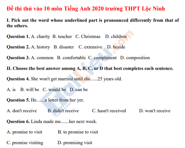 Đề thi thử vào lớp 10 môn anh trường THPT Lộc Ninh 2020-1