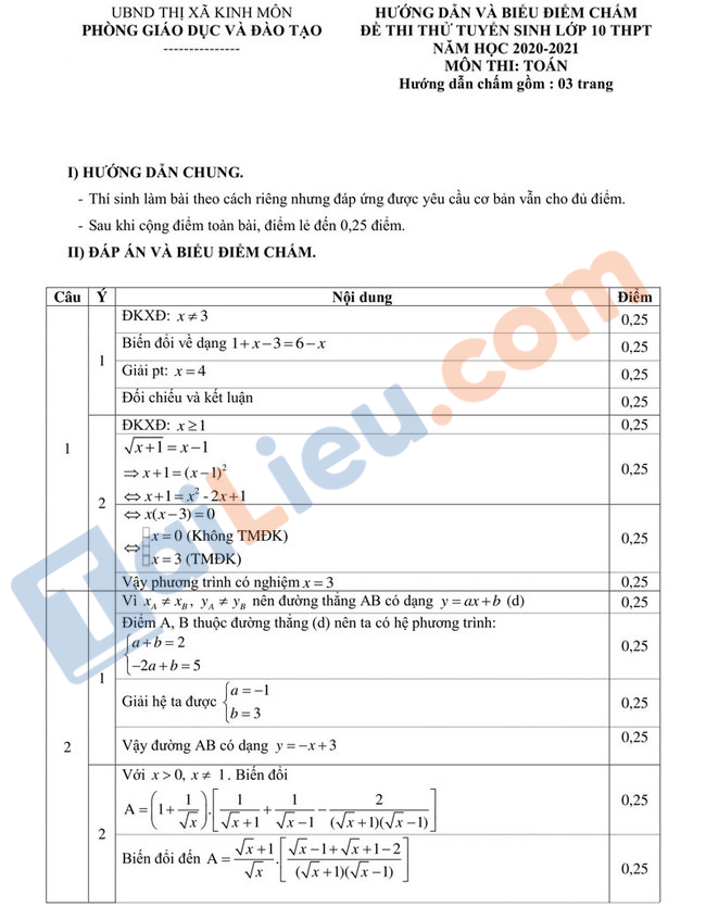 Đáp án Đề thi thử vào 10 môn Toán 2021 THCS An Phụ - Hải Dương