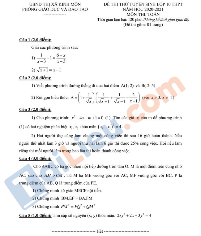 Đề thi thử vào 10 môn Toán 2021 (Có đáp án) THCS An Phụ - Hải Dương