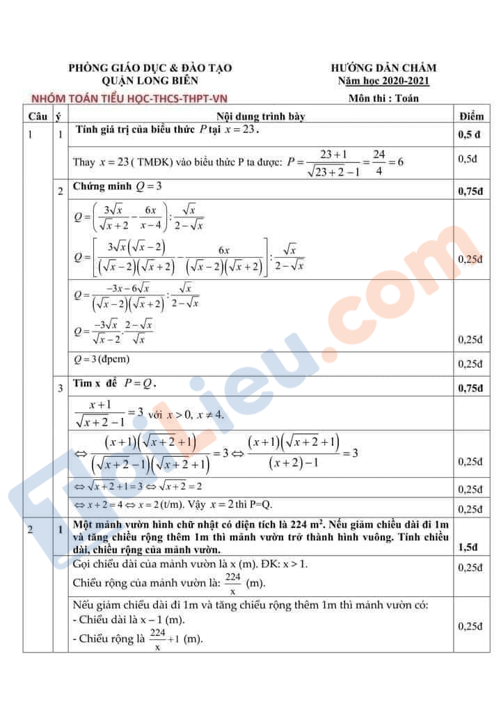 Đáp án Đề thi thử vào lớp 10 môn Toán năm 2021 Phòng GD&ĐT Long Biên - Hà Nội