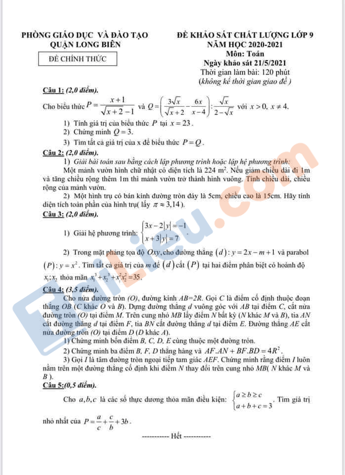Đề thi thử vào 10 môn Toán 2021 (Có đáp án) Phòng GD Long Biên, Hà Nội