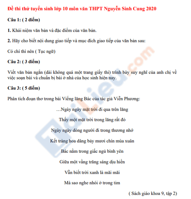 Đề thi thử vào lớp 10 môn văn trường THPT Nguyễn Sinh Cung 2020