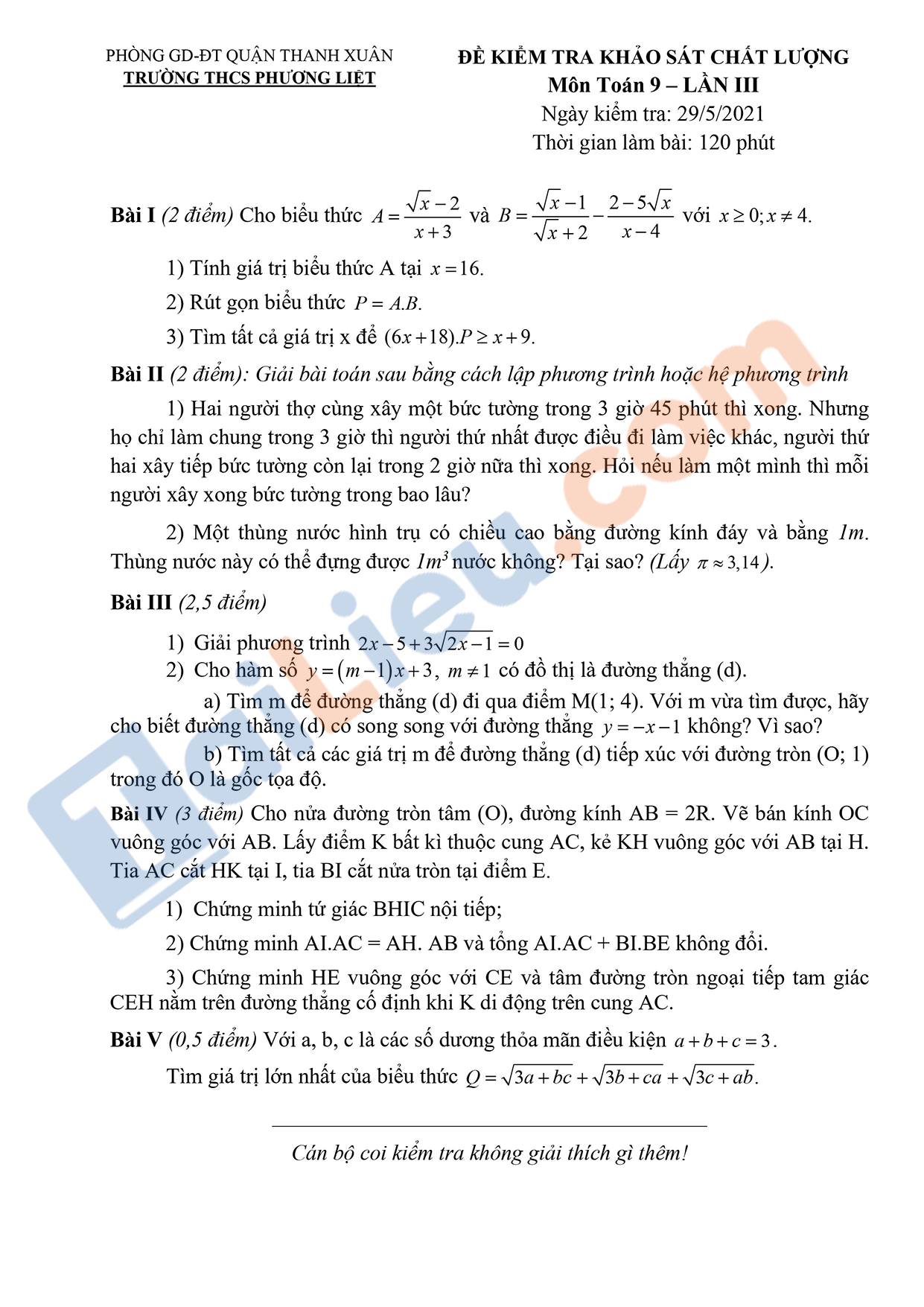 Đề thi thử vào 10 môn Toán 2021 (Có đáp án) THCS Phương Liệt - Hà Nội