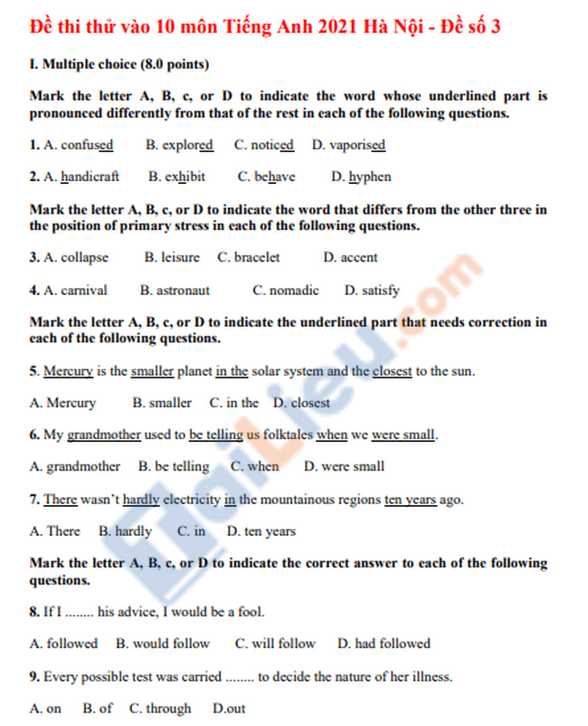 Đề thi thử vào lớp 10 môn anh Hà Nội 2021 - Đề số 3