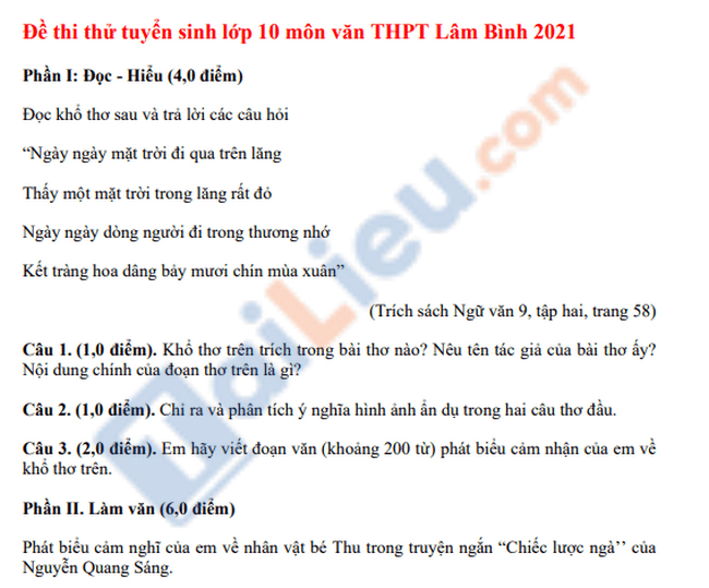 Đề thi thử vào lớp 10 Ngữ văn trường THPT Lâm Bình 2020