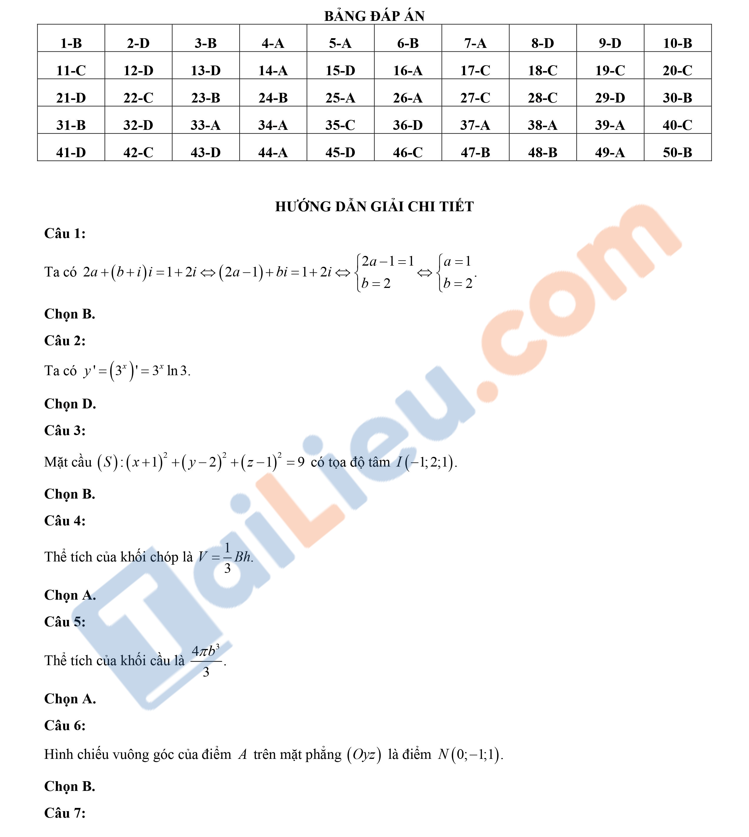 Đáp án Đề thi thử THPT Quốc gia 2021 môn Toán THPT Chuyên Tuyên Quang