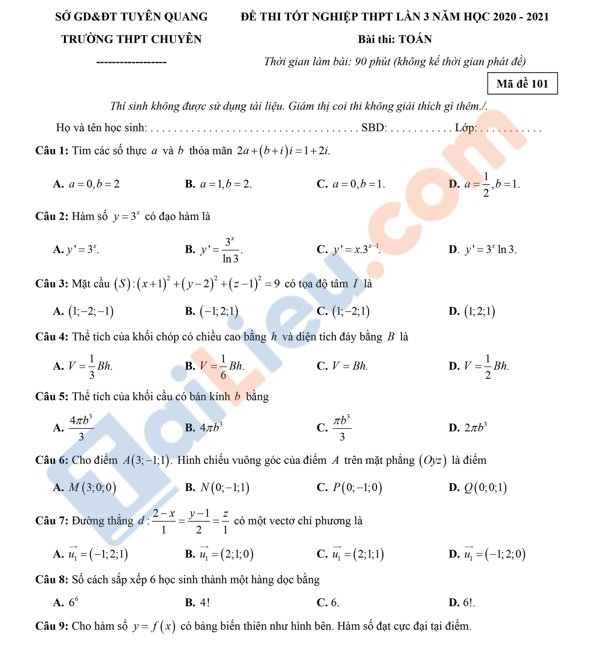 Đề thi thử THPT Quốc gia 2021 môn Toán THPT Chuyên Tuyên Quang