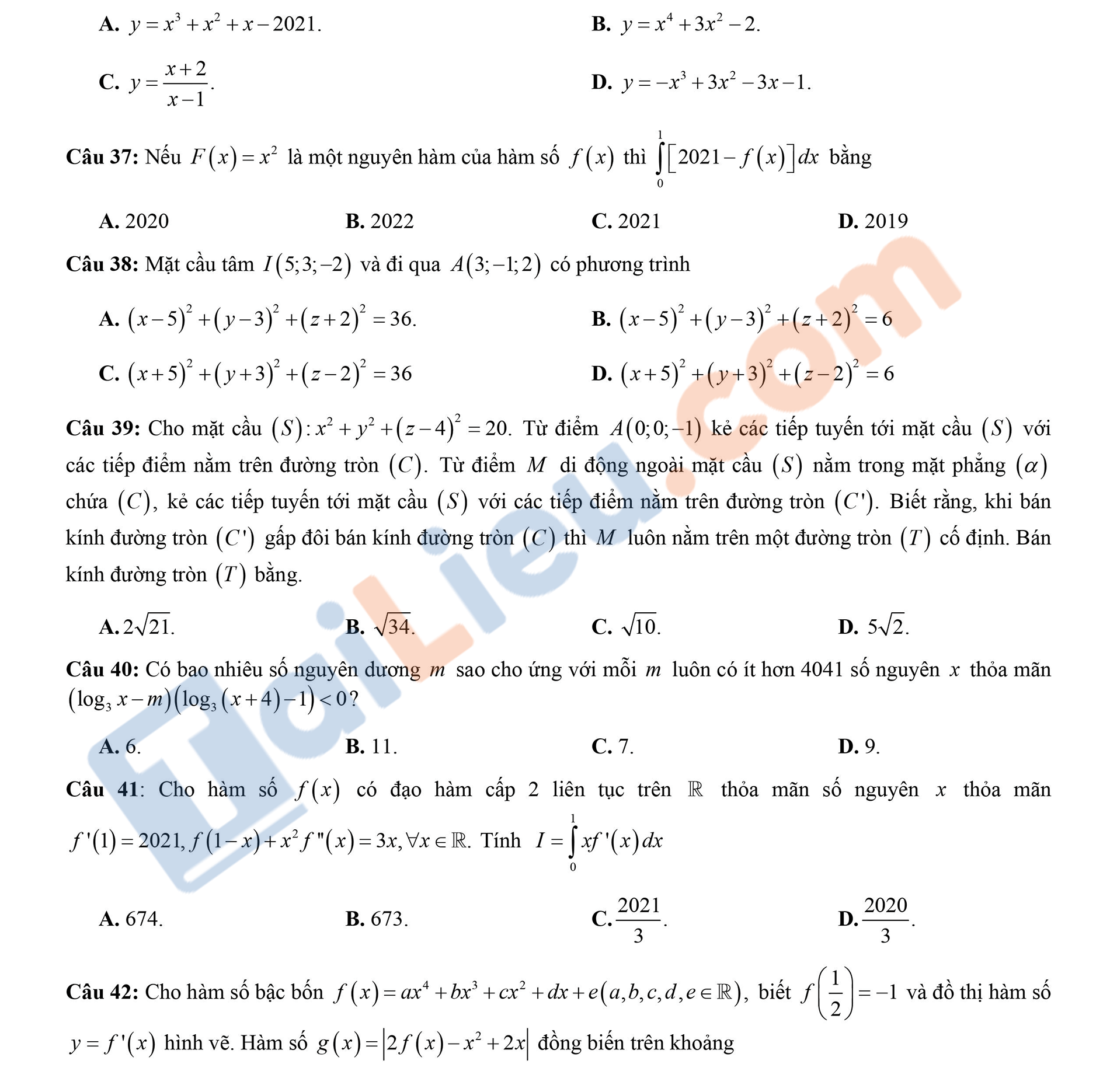 Đề thi thử THPT Quốc gia 2021 môn Toán THPT Chuyên Tuyên Quang