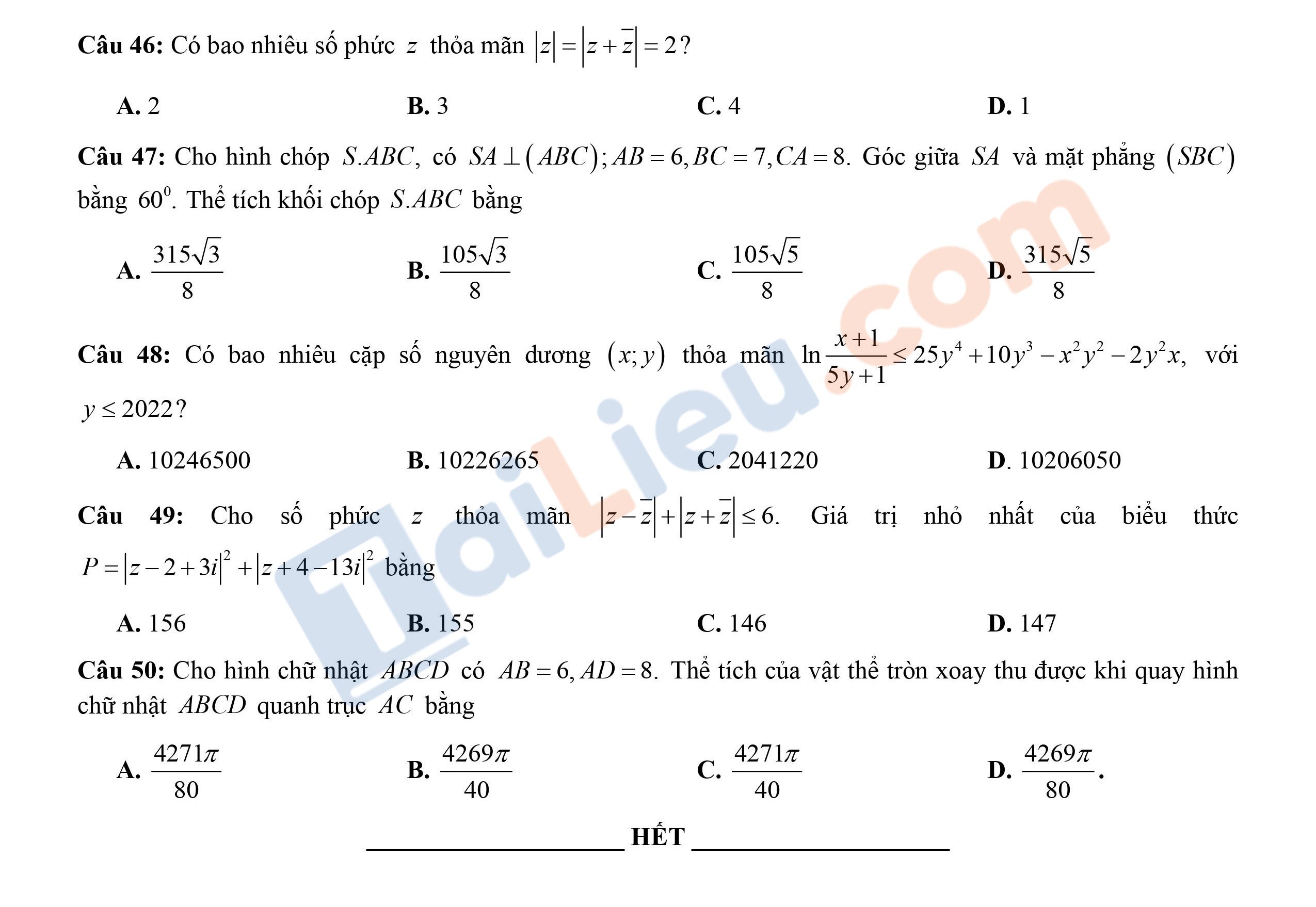 Đề thi thử THPT Quốc gia 2021 môn Toán THPT Chuyên Tuyên Quang