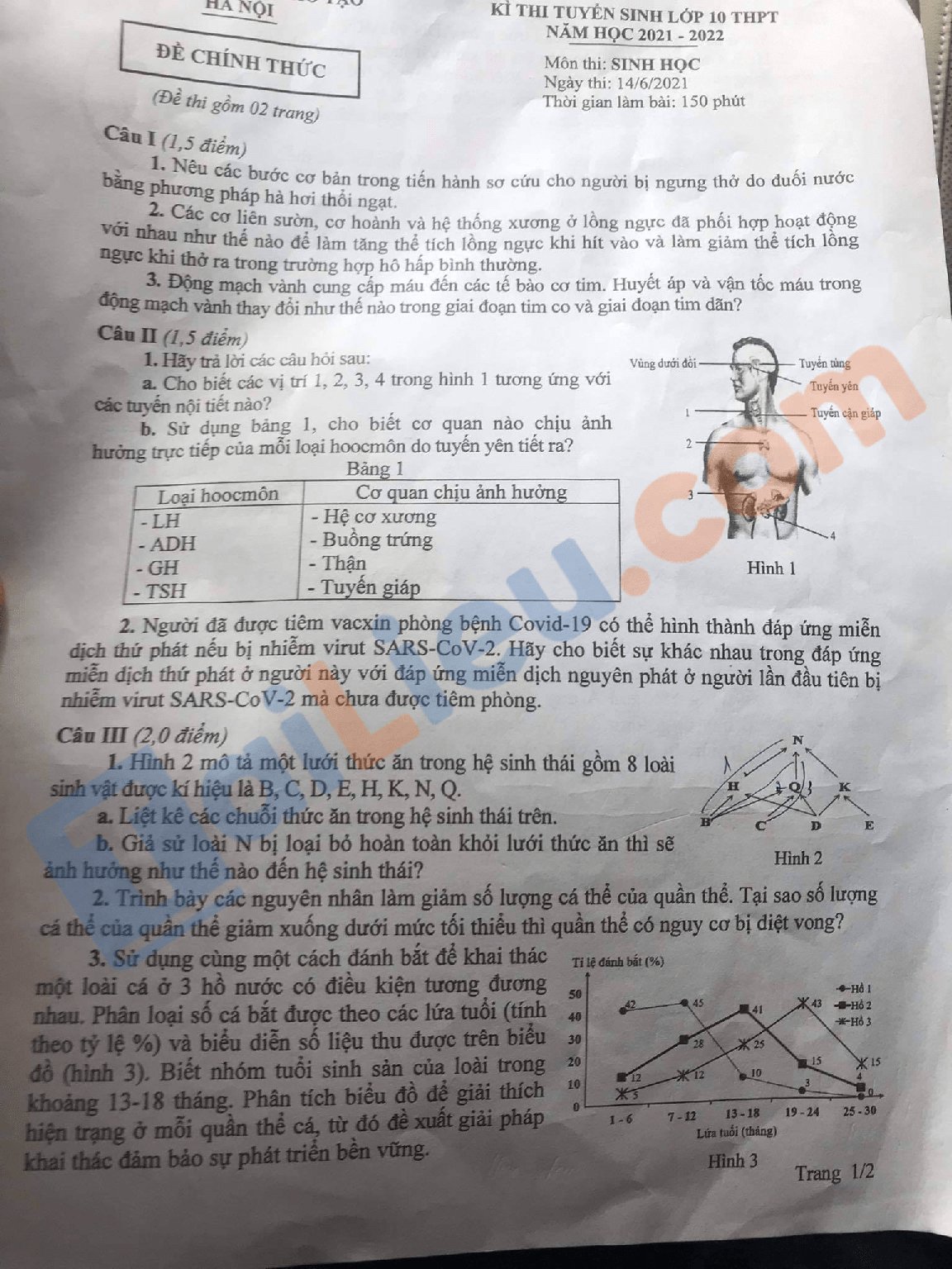 Đề thi chuyên Sinh học vào lớp 10 năm 2021 Hà Nội