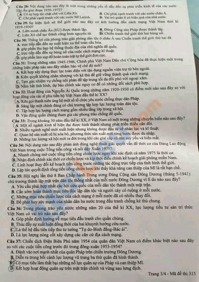 Đề thi THPTQG 2021 môn Sử đợt 2 - Mã đề 315-3