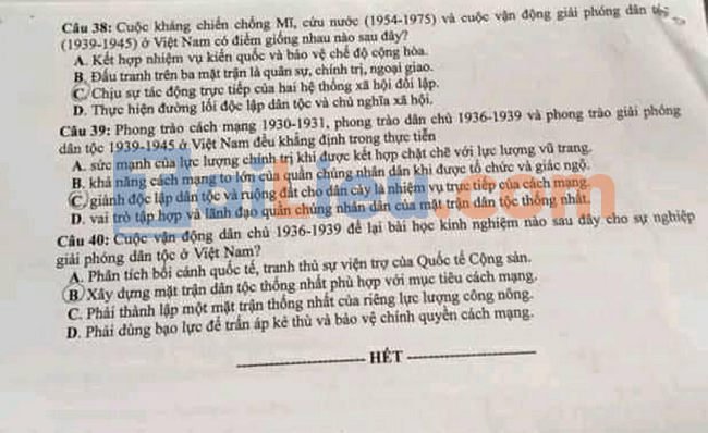 Đề thi THPTQG 2021 môn Sử đợt 2 - Mã đề 315-4