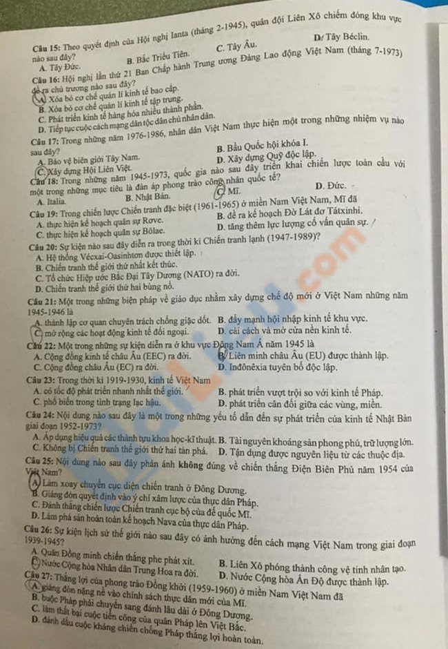 Đề thi THPTQG môn Sử 2021 - Mã đề 314-2