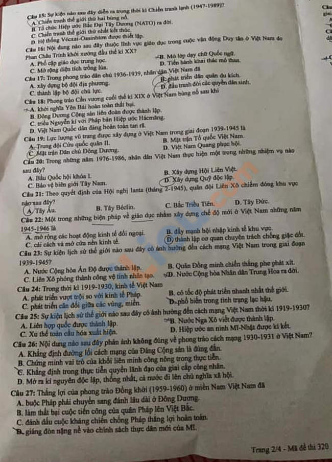 Đề thi THPTQG môn Sử 2021 - Mã đề 320-2