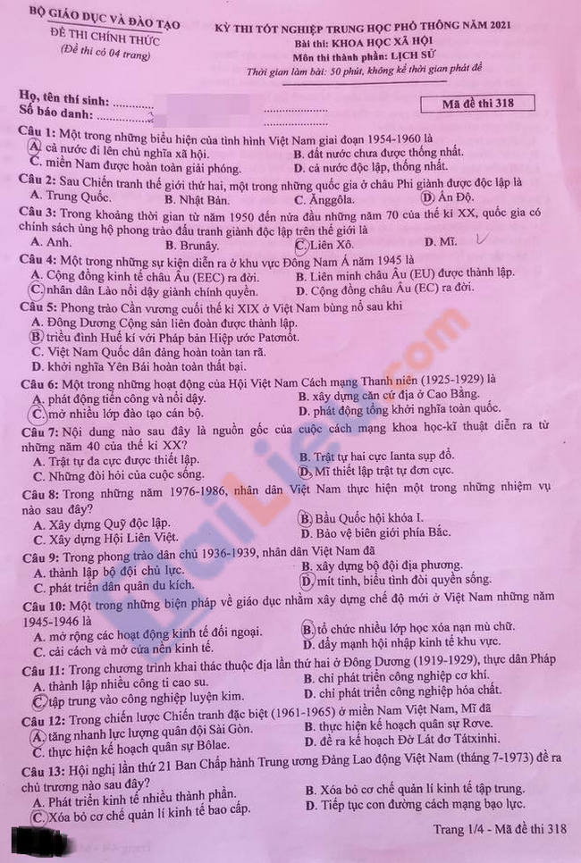 Đề thi THPTQG môn Sử 2021 - Mã đề 318-1