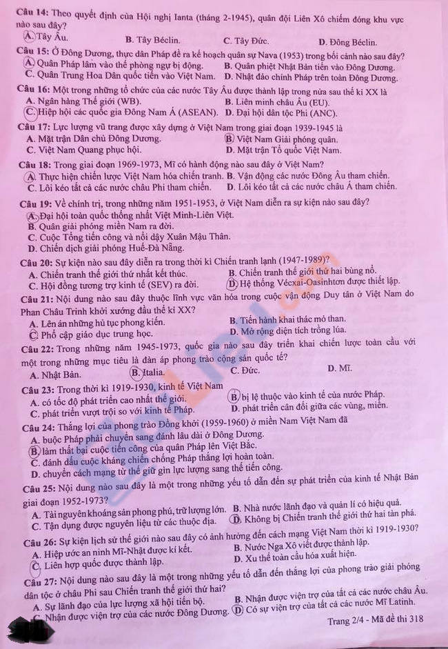 Đề thi THPTQG môn Sử 2021 - Mã đề 318-2