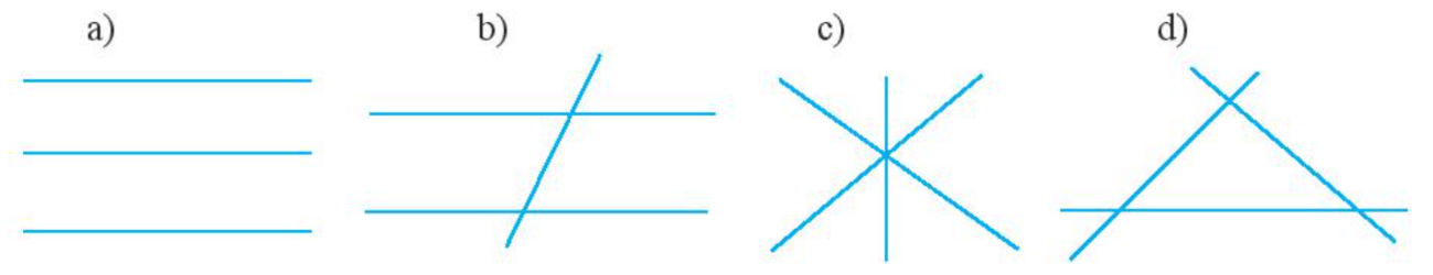 Đếm số giao điểm tạo bởi ba đường thẳng trong mỗi hình sau