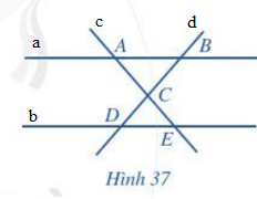Bài 3 trang 83 Toán lớp 6 Tập 2:  Quan sát Hình 37. Hãy nêu các cặp đường thẳng cắt nhau và xác định  Lời giải:  Đặt tên các đường thẳng cắt nhau:  Quan sát Hình 37. Hãy nêu các cặp đường thẳng cắt nhau và xác định  Các đường thẳng cắt nhau:  Đường thẳng a và đường thẳng c với giao điểm là A;  Đường thẳng a và đường thẳng d với giao điểm là B;  Đường thẳng b và đường thẳng d với giao điểm là D;  Đường thẳng b và đường thẳng c với giao điểm là E;  Đường thẳng c và đường thẳng d với giao điểm là C.