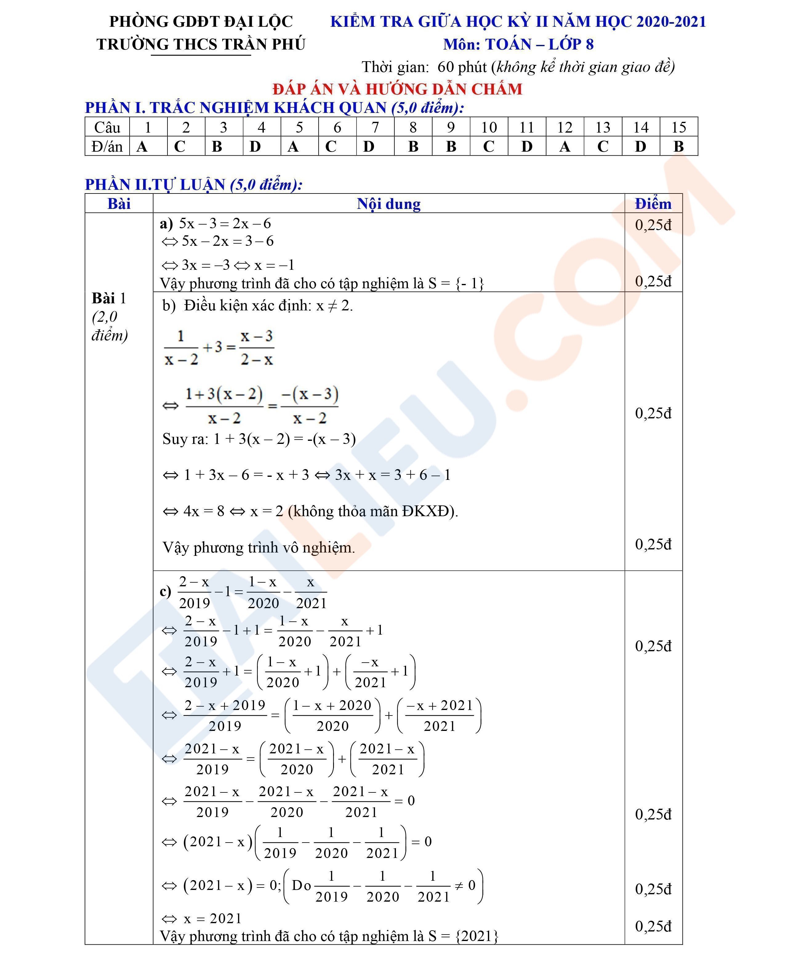 Đáp án đề thi giữa kì 2 Toán 8 THCS Trần Phú - Quảng Nam