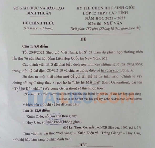 Đề thi HSG Văn 12 Sở GD-ĐT Bình Thuận 2022