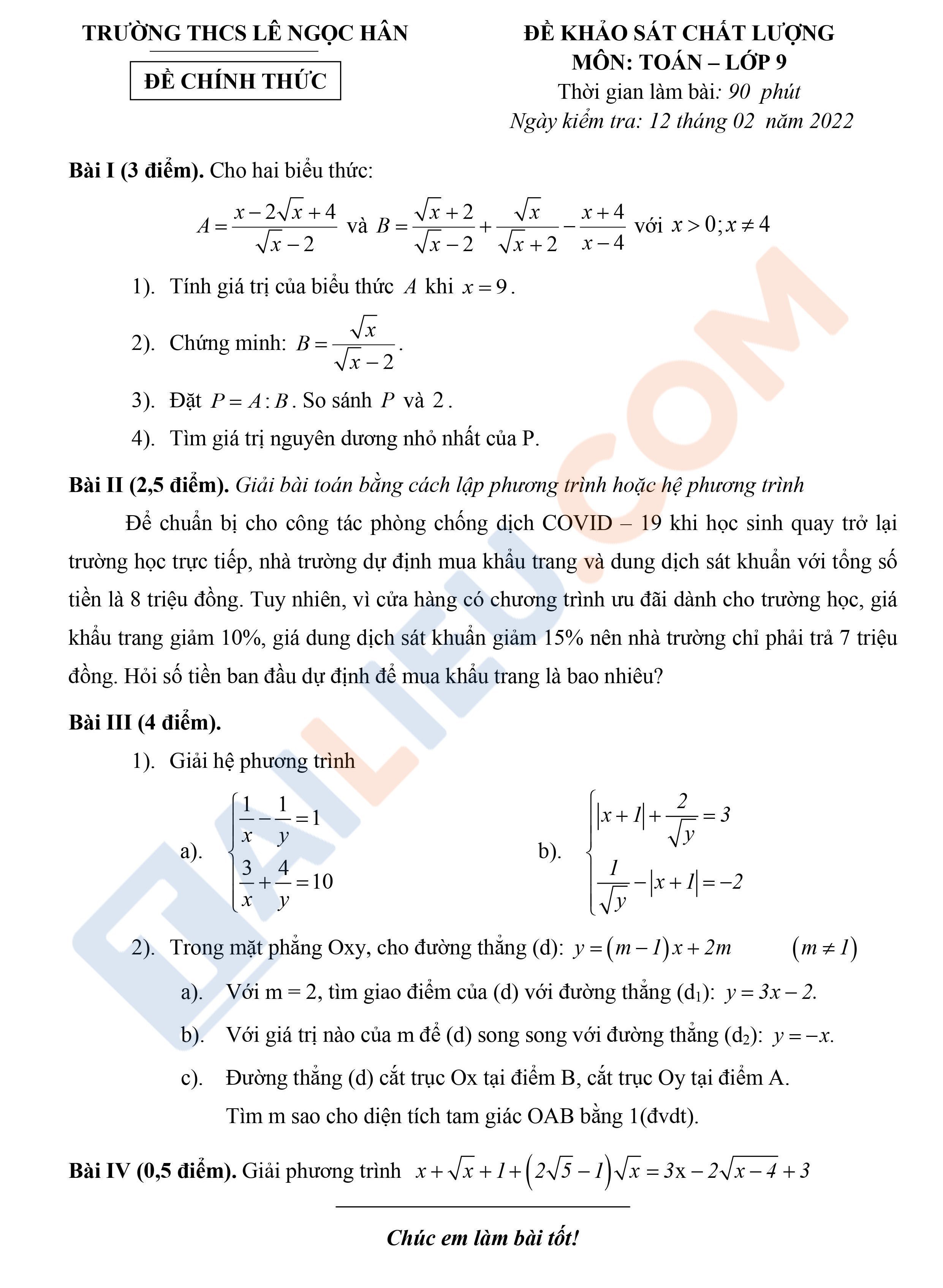 Đề thi khảo sát chất lượng lớp 9 môn Toán (có đáp án) THCS Lê Ngọc Hân - Hà Nội 2022