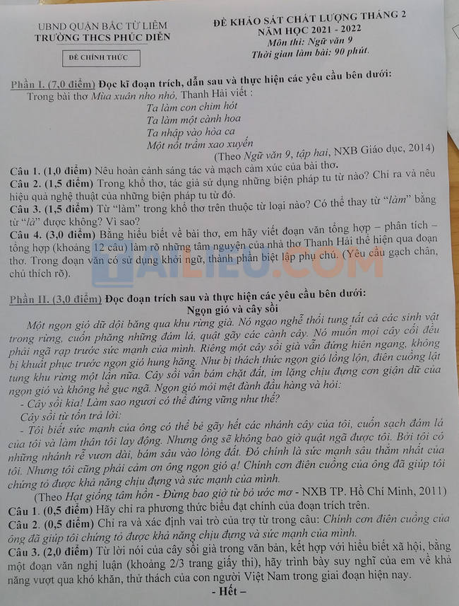 Đề thi KSCL Tháng 2 môn Văn lớp 9 trường THCS Phúc Diễn - Hà Nội 2022