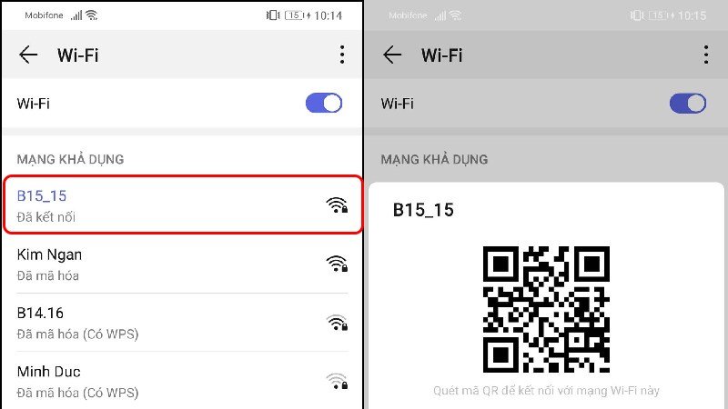 Đầu tiên, bạn mở WiFi, lúc này bạn nhấn vào điểm WiFi mà bạn đang truy cập. Sau đó, mã QR sẽ hiển thị. Đầu tiên, bạn mở WiFi, lúc này bạn nhấn vào điểm WiFi mà bạn đang truy cập. Sau đó, mã QR sẽ hiển thị.