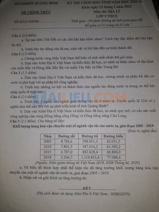 Đề thi HSG Địa 9 Sở GD-ĐT Quảng Bình 2022