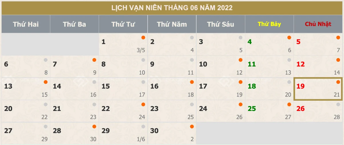 Lịch ngày của Cha năm 2022