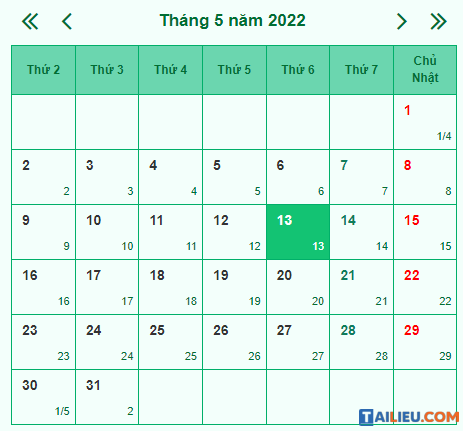 Lịch thứ 6 ngày 13 năm 2022