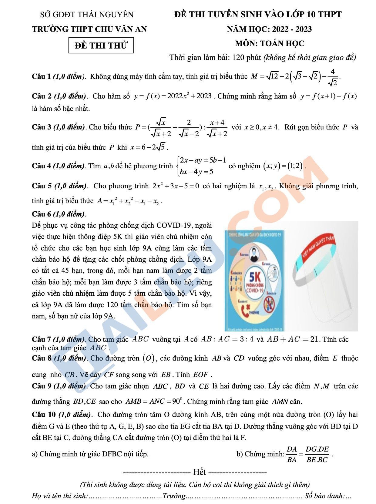 Đề thi thử vào 10 môn Toán năm 2022 - 2023 THPT Chu Văn An - Thái Nguyên