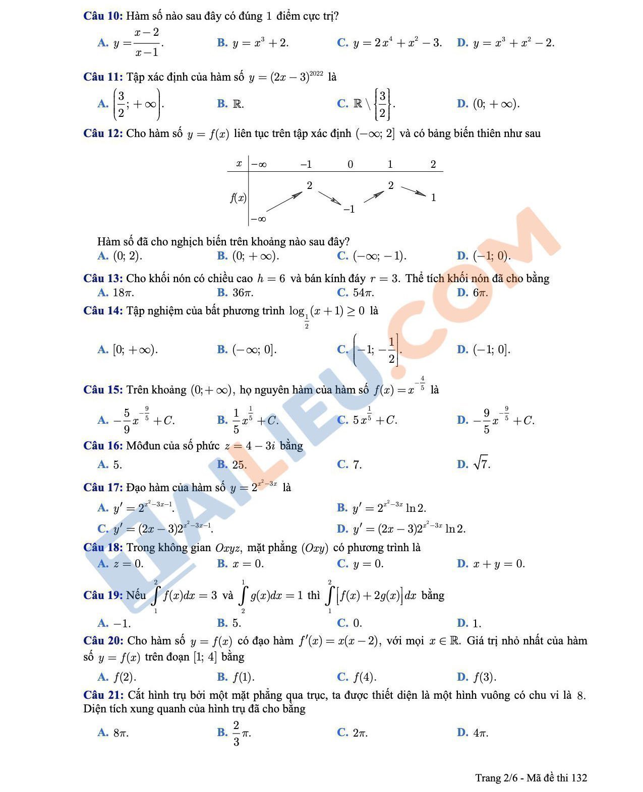 Đề thi thử THPT Quốc Gia 2022 môn Toán (lần 2) trường THPT chuyên ĐH Vinh - Nghệ An